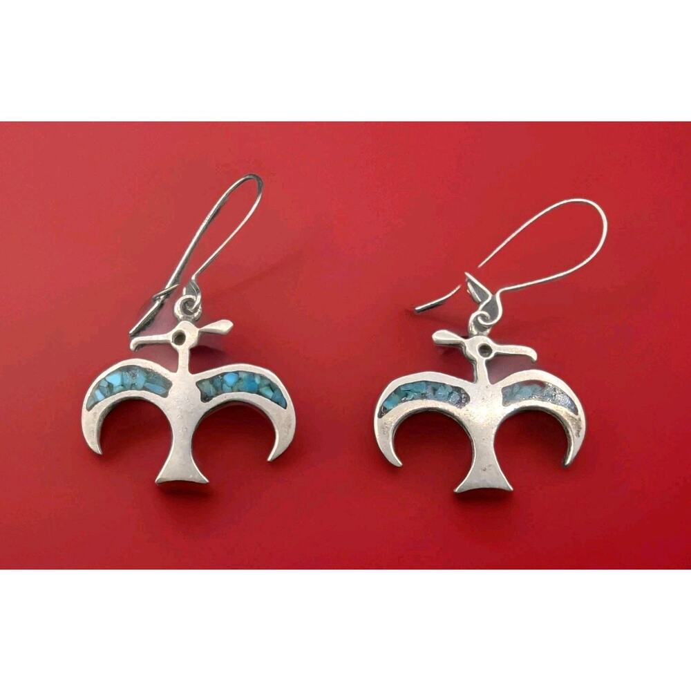 Vintage Native American Sterling Silver Peyote Bird Turquoise Inlay Earrings